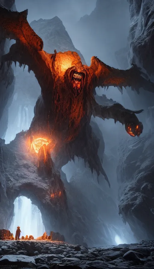 Image similar to Balrog of Moria, portrait shot, epic, cinematic lighting, Rendered Unreal Engine 5, film key art, Greg Rutkowski, Bloom, dramatic lighting