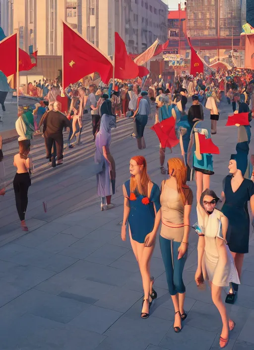 Prompt: a group of inspiring beautiful girls walking among crowd of celebrating people in a beautiful futuristic city with many curved surfaces decorated by communist flags on 1st of May by Edward Hopper and Dan Mumford and WLOP, Unreal Engine 5, Lumen, Nanite