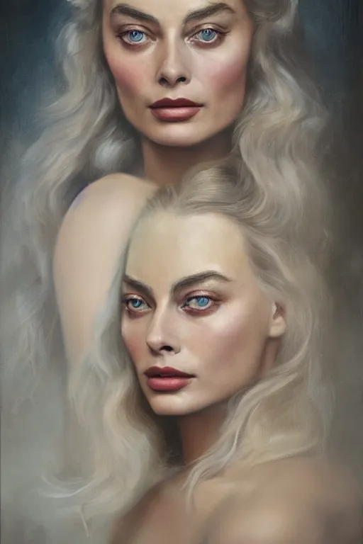 Image similar to A stunning realistic fine art painting of Margot Robbie as a queen by Tom bagshaw, studio portrait, 50mm lens 4k,