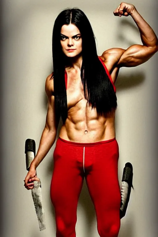 Image similar to realistic photograph. warrior woman, 2 7 years old, in her bedclothes : tight, white tanktop lose, comfortable, red pajama pants. jaimie alexander. her hair is short, straight, raven - black. fair - complected but tan. tall and gracile, except for her thick ripped vascular buff muscular arms and her ample bust.