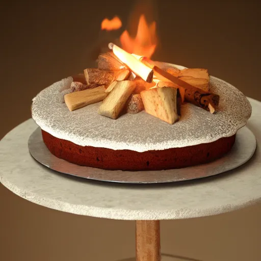 Image similar to a birthday cake with a camp fire on top, photography, photorealistic, concept art, octane render, unreal engine 5, highly detailed, high quality, 8 k, soft lighting,