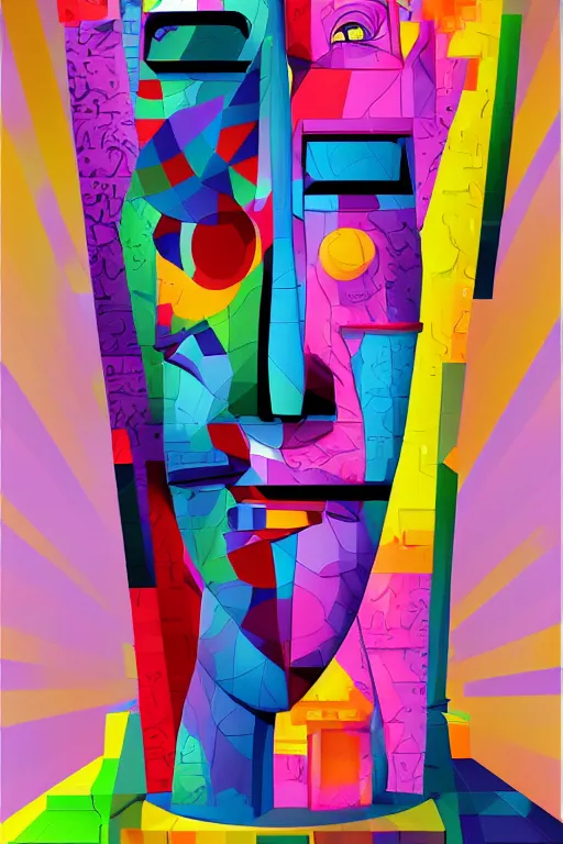 Image similar to cubist moai statue cutout digital illustration cartoon colorful beeple