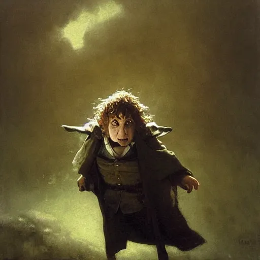 Prompt: portrait of small pale cowardly hobbit man wearing dark cloak, funny artwork, looking terrified, close shot, round face, fantasy artwork, dnd, looking sideways, high fantasy, by karl spitzweg, whimsical