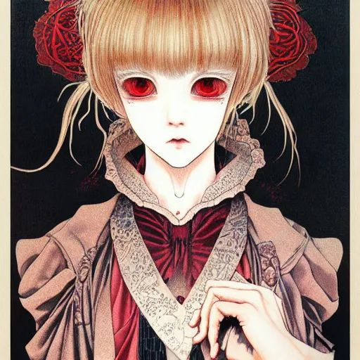 Prompt: prompt: Portrait painted in neo-gothic style drawn by Katsuhiro Otomo and Takato Yamamoto, inspired by Fables, china doll face, smooth face feature, intricate oil painting, high detail, sharp high detail, manga and anime 2000