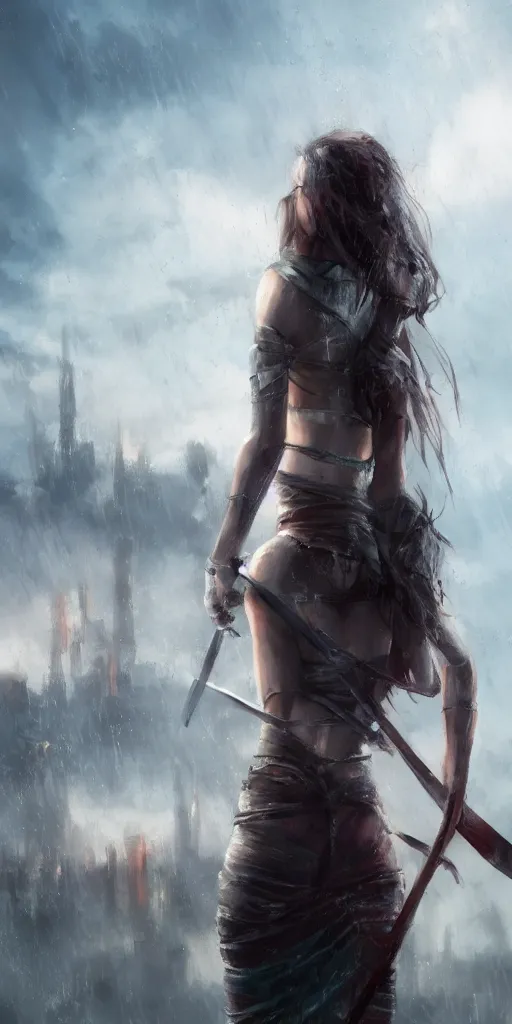 Prompt: back shot of a beautiful girl worrior gazing back, holding two swords. standing on wet road by wlop. artstation contest winner, cinematic paint. lower shot. dramatic cloud and ruined city in background.