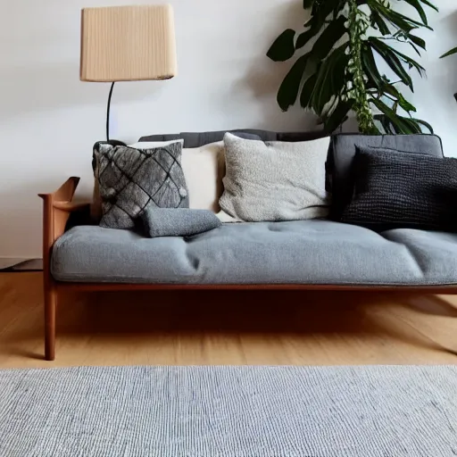 Prompt: wooden sofa, square cushions, studio lighting, scandinavian design, minimalist