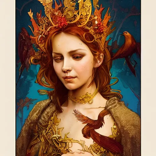 Image similar to carved wooden colorful bird, golden crown, dark, rusty, fantasy forest, highly detailed, realistic, artstation, concept art, smooth, sharp focus, illustration, art by artgerm and greg rutkowski and alphonse mucha