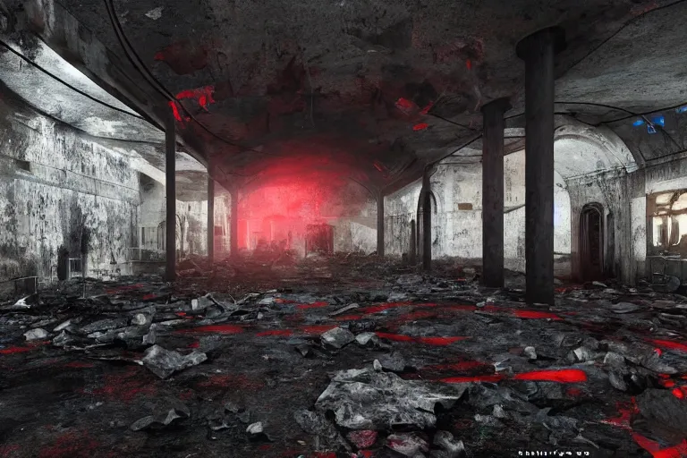 Prompt: ruined, abandoned, underground metro station. Pitch black darkness, red flares on the ground is the only light source. Smoke. Dirt and debris on ground. Unreal Engine. Substance painter. Zbrush. Trending on artstation. 8K. Horror. Resident evil. Highly detailed.