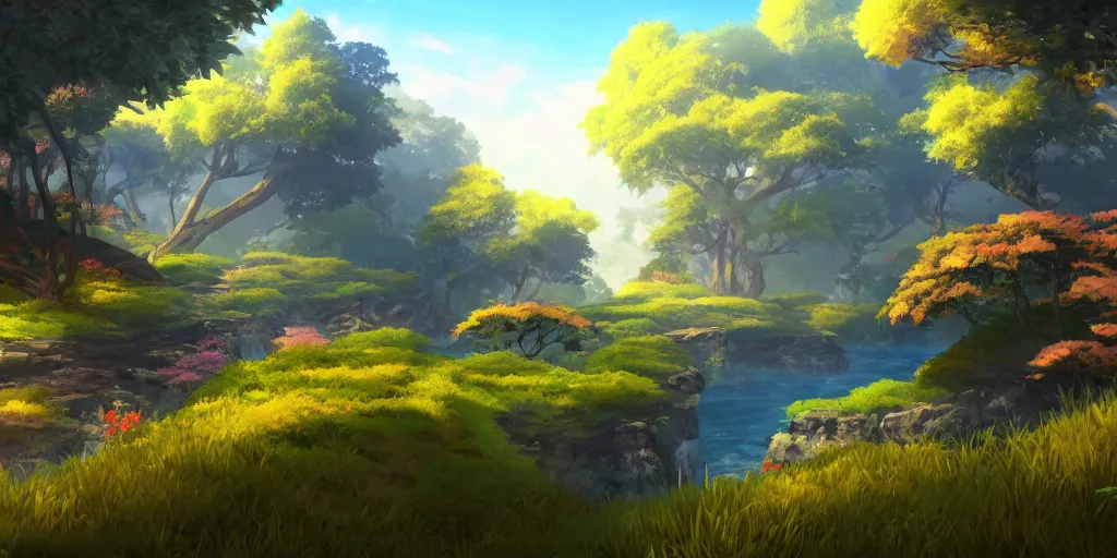 Image similar to beautiful nature environment from genshin impact, game art, in game screenshot, beautiful colors, 8 k, detailed, award winning, popular on artstation, by a famous game concept artist, anime style, nostalgic