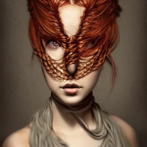 Image similar to portrait of a Shibari rope wrapped face and neck, headshot, insanely nice professional hair style, dramatic hair color, smoke, digital painting, of a old 13th century, traveler, amber jewels, baroque, ornate clothing, scifi, realistic, hyperdetailed, chiaroscuro, concept art, art by Franz Hals and Jon Foster and Ayami Kojima and Amano and Karol Bak,
