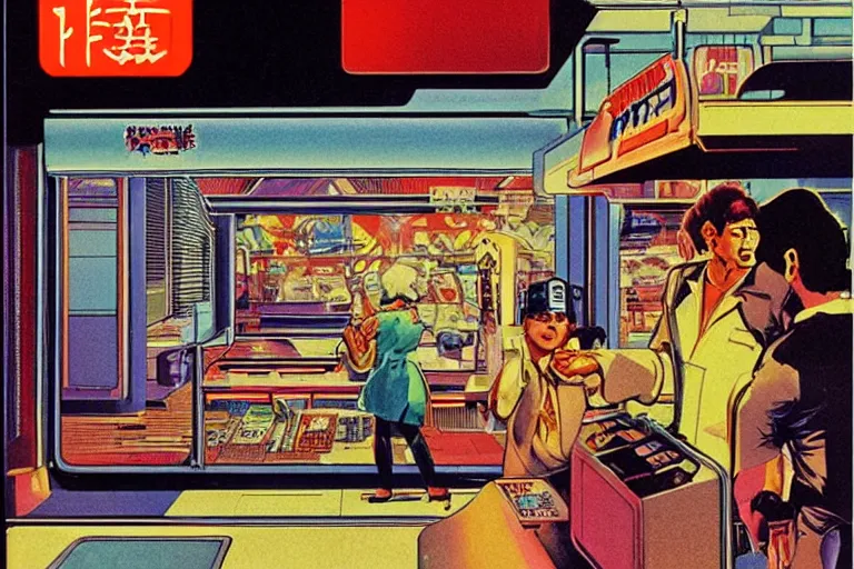 Image similar to 1 9 7 9 science fiction magazine cover depicting a fast food window downtown in neo - tokyo. in the style of bladerunner concept art by syd mead