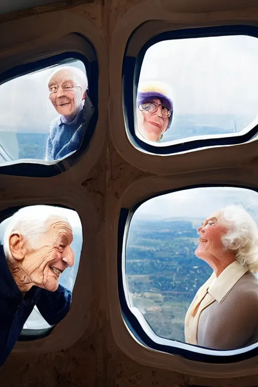 Prompt: photo of glamorous elderly couple in a spaceship with a window looking out to orbit