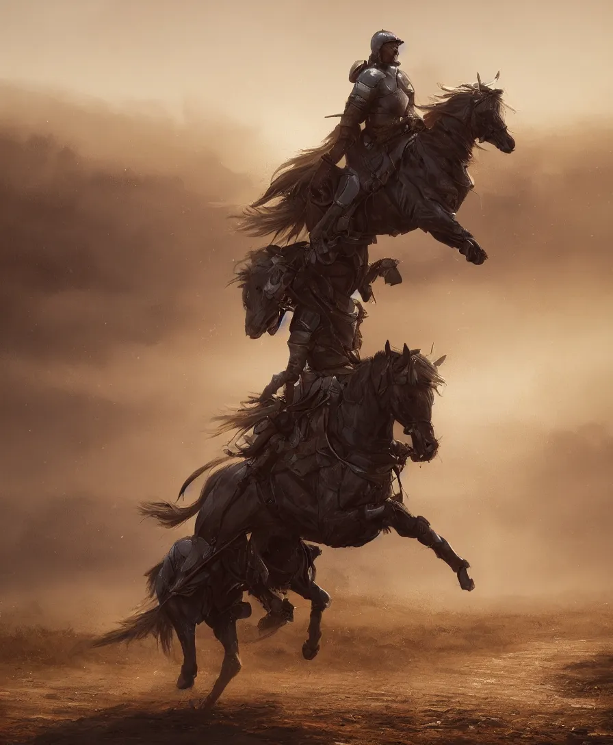 Prompt: hyper realistic knight riding a horse on a long dirt road, illustrated by greg rutkowski, beautiful volumetric lighting, intricate, ultra detailed, photorealistic, trending on artstation, octane render, 8 k