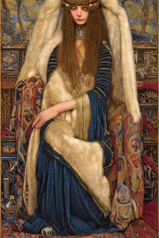 Image similar to coronation portrait of the ice queen, by Donato Giancola and John Bauer and John William Godward and Vermeer, embroidered velvet, iridescent beetles, rich color, ornate headdress, flowing robes, lost runes, ancient civilizations,featured on Artstation, cgisociety, unreal engine, extremely detailed