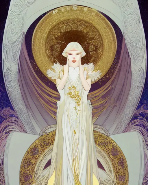 Image similar to portrait of an ethereal woman with pale hair and gold eyes wearing a flowing white and gold gown surrounded by wing motifs, ilya kuvshinov, greg rutkowski, anime, alphonse mucha, kay nielsen, intricate, digital painting, concept art