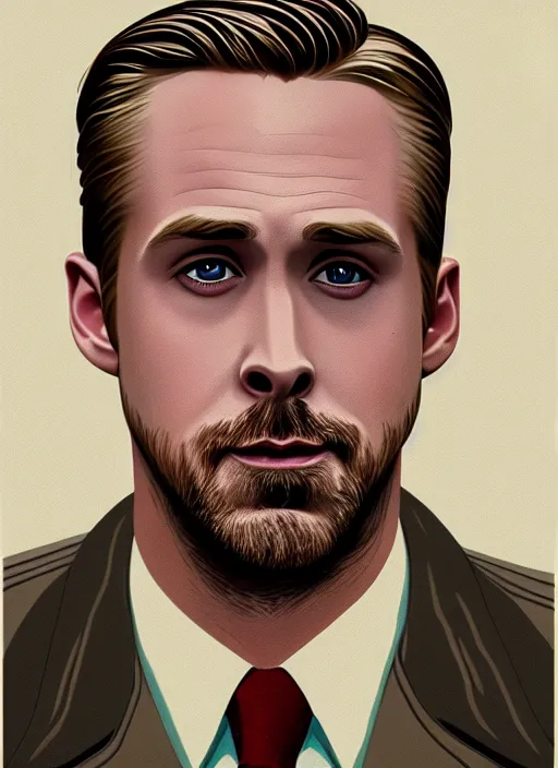 Prompt: twin peaks movie poster art, portrait of ryan gosling, from scene from twin peaks, clean, simple illustration, nostalgic, domestic, highly detailed, digital painting, artstation, concept art, smooth, sharp focus, illustration, artgerm, donato giancola, joseph christian leyendecker, wlop