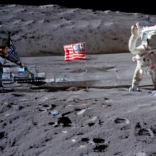 Prompt: Emmanuel Macron in Apollo 11, on the moon planting a French flag, NASA photo style, hyper realistic multiple details, shimmering light