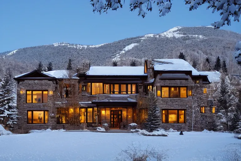 Prompt: a beautiful modern stone mansion in Aspen, golden hour, gentle snow, sunbeams, volumetric lighting, by Emmanuel Lubezki