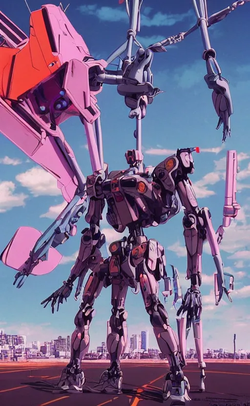 Image similar to movie poster of < 3 d huge mecha > with a < full mechanical guitar >, in the style of < neon genesis evangelion >, < full body robot >, 3 d anime, arcane style, retropunk, steampunk, high resolution, 4 k, retrofuturism, by ghibli and < simon stalenhag >