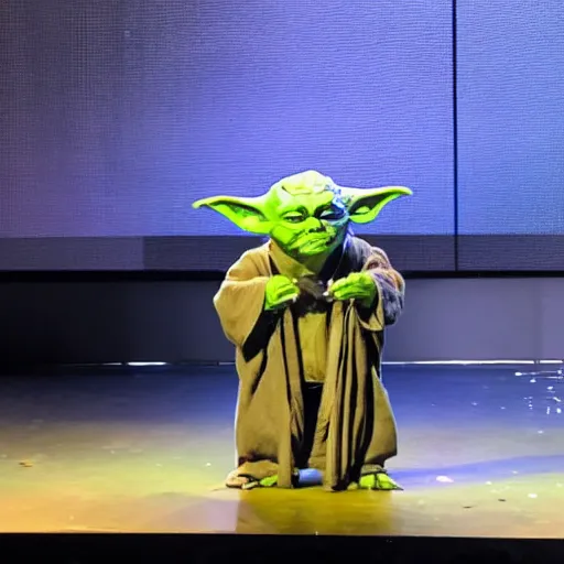 Prompt: yoda on a stage with a stool next to him with a glass of water on it