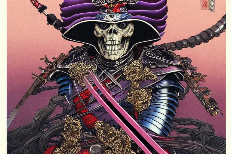 Prompt: portrait of a crazy skeletor samurai with japanese armor and helmet, by yoichi hatakenaka, masamune shirow, josan gonzales and dan mumford, ayami kojima, takato yamamoto, barclay shaw, karol bak, yukito kishiro
