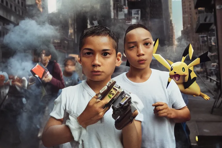 Image similar to closeup potrait of a pokemon battle in a smoky new york back street, natural light, sharp, detailed face, magazine, press, photo, Steve McCurry, David Lazar, Canon, Nikon, focus