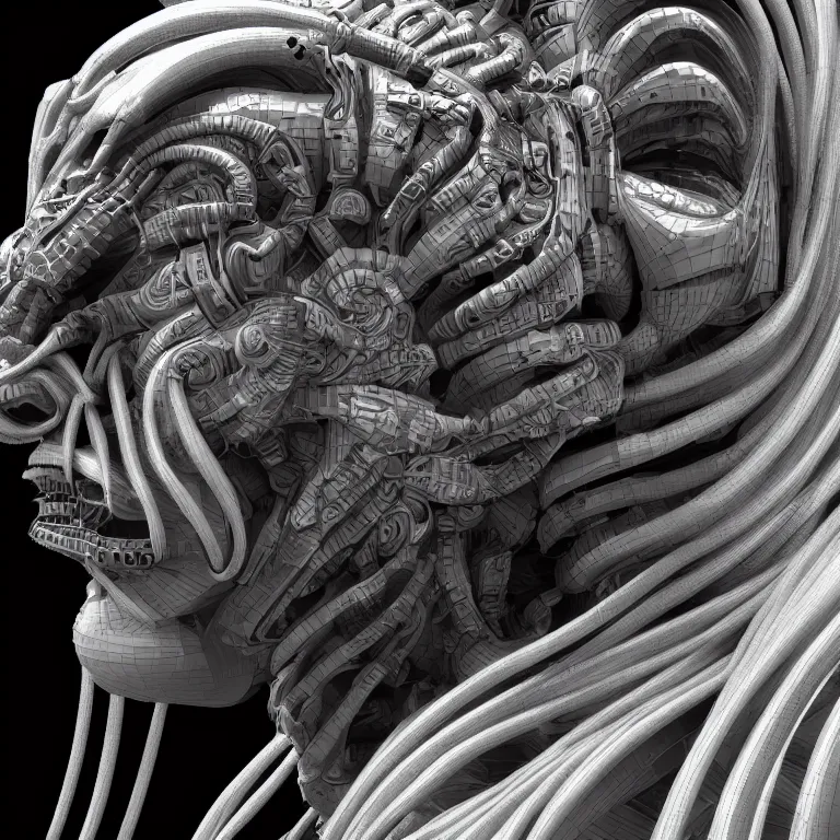 Image similar to surreal spinal ribbed tribal exotic organic face portrait of a cyberpunk fighter, beautiful detailed intricate insanely detailed 3D render digital art, octane render, 8K artistic photography, photorealistic, neon lights