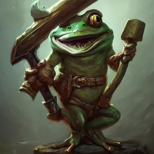 Image similar to a depressed anthropomorhpic frog, cute, little, weilding an axe, dnd character art portrait, matte fantasy painting, deviantart artstation, by jason felix by steve argyle by tyler jacobson by peter mohrbacher by paul hedley, cinema