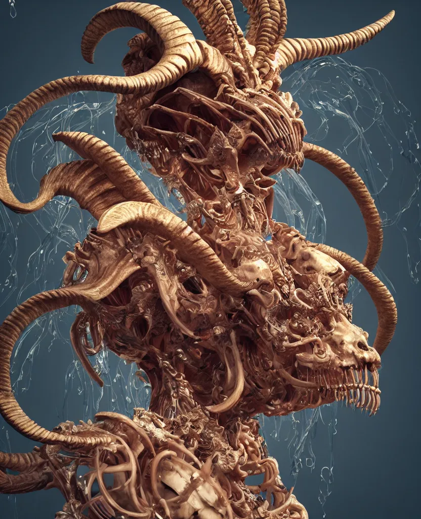 Image similar to close-up macro portrait of the face of a beautiful princess with ram goat satan mask, epic angle and pose, ribcage skeleton symmetrical artwork, 3d with depth of field, blurred background, cybernetic jellyfish female face phoenix bird, translucent, nautilus, energy flows of water and fire. a highly detailed epic cinematic concept art CG render. made in Maya, Blender and Photoshop, octane render, excellent composition, cinematic dystopian brutalist atmosphere, dynamic dramatic cinematic lighting, aesthetic, very inspirational, arthouse. y Greg Rutkowski, Ilya Kuvshinov, WLOP, Stanley Artgerm Lau, Ruan Jia and Fenghua Zhong