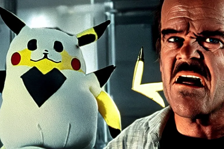 Image similar to Jack Nicholson plays Pikachu Terminator, scene where his endoskeleton gets exposed, still from the film