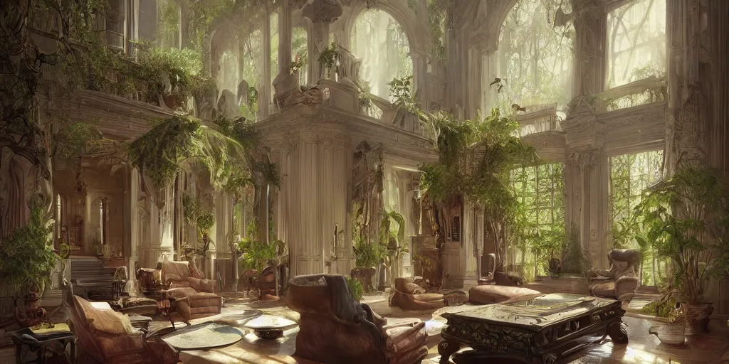 Prompt: photo of a beautiful living room in a mansion with lots of vegetation. architecture. comfortable. stairs. trending on artstation. cgsociety. art by greg rutkowski and moebius, detailed hutra, engraving, precision, cinematic light