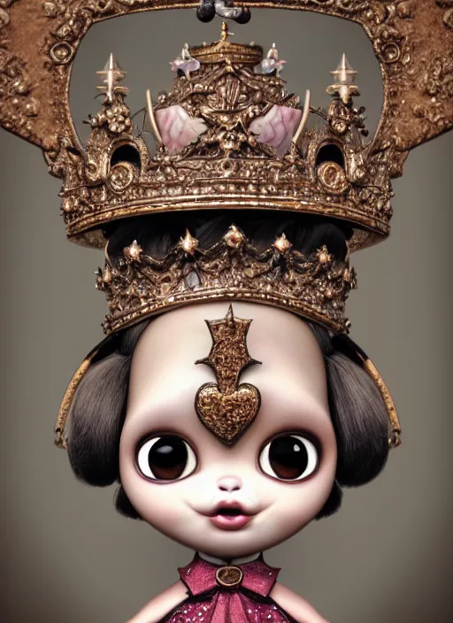 Image similar to highly detailed closeup, profile portrait of a tin toy goth anthro pug princess wearing a crown, unreal engine, nicoletta ceccoli, mark ryden, earl norem, lostfish, global illumination, detailed and intricate environment