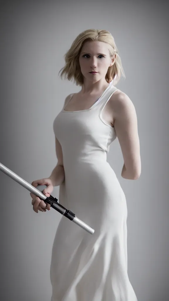 Prompt: emily skinner cosplaying annie leonhart wearing open toe heels and wearing a white dress in a white room looking up, beautiful face, pale skin, rule of thirds, cinematic lighting, rainy weather, melancholy atmosphere, sharp focus, backlit, stunning, smooth, hard focus, full body shot, studio photo, shot on sony a 7 iii, hyper realistic, holding lightsaber