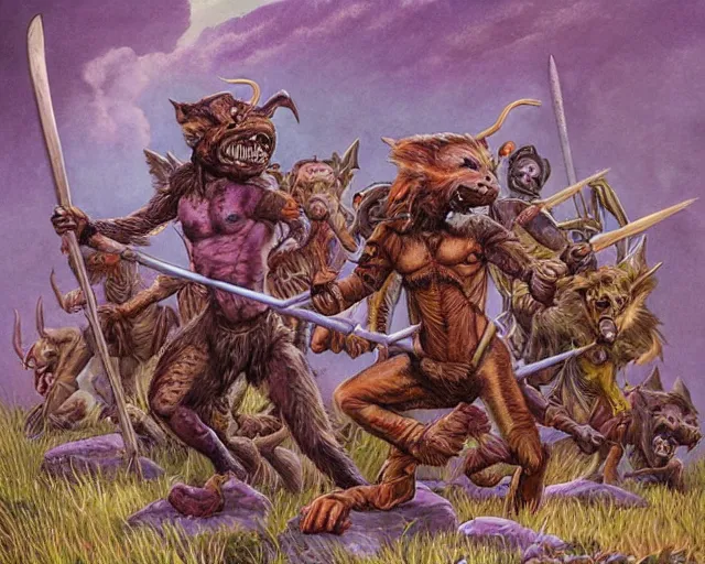 Image similar to Fantasy illustration by Clyde Caldwell - The pack of kobolds is crouched in a circle. They are snivelling canid humanoids, with scales of rust, and they carry spears. Their leader, a matronly female with numerous tattoos, kneels in the center of the circle and gathers the pulsing purple moss. She has a spear, but it lies across her lap. The kobolds chatter to one another, and you hear the word “food” uttered more than once.