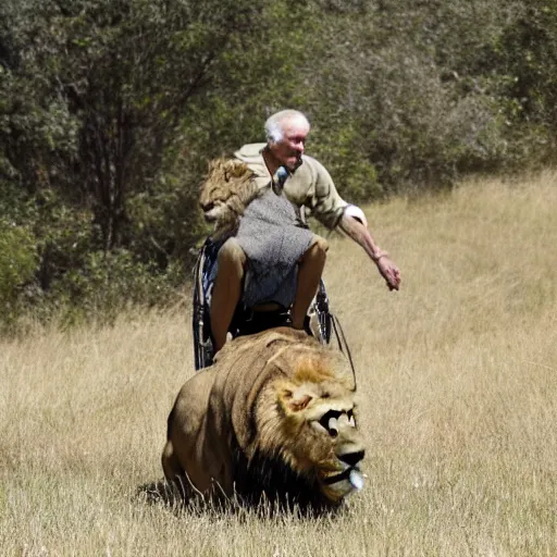 Prompt: old man riding on lions back