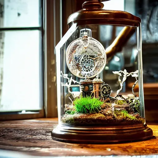 Image similar to extremely detailed and ornate steampunk terrarium on a table In a cold white research lab