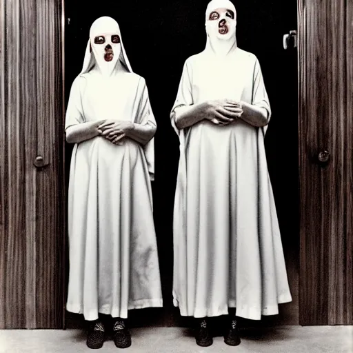 Prompt: phot of 1960’s award winning photo, two Floating twin nuns wearing hoods, buxom chested, blindfolded wearing translucent veils see through dress, Very long arms, bedroom, wood door, eerie, frightening, highly detailed, photorealistic, colorized —width 1024 —height 1024