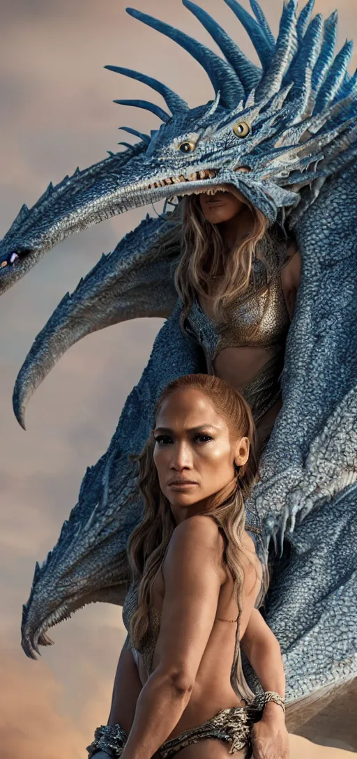 Image similar to Jennifer Lopez as Daenerys Targaryen riding a dragon, XF IQ4, 150MP, 50mm, F1.4, ISO 200, 1/160s, natural light