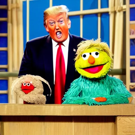 Prompt: Donald Trump as a puppet on Sesame Street, tv show, kids, funny,