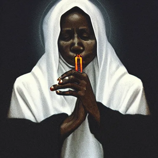 Prompt: a black nun smoking a joint and puffing lots of smoke, by Beksinski, lens flares, minimalistic background