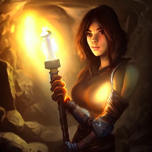 Image similar to a epic hero adventurer holding a torch in a dark cave, artgerm, realistic, cryengine, symmetric