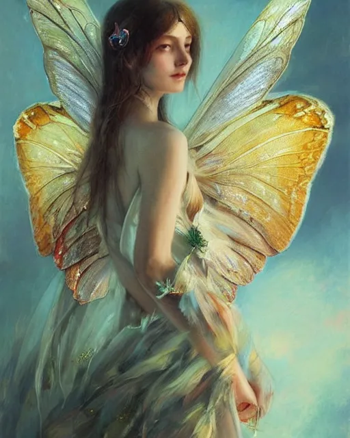 Image similar to Moth Fairy Maiden with large moth like wings wearing ornate dress by Ruan Jia and Andrei Riabovitchev, featured on Artstation, Hyperdetailed, stylized, realistic oil on linen, masterpiece, fantasy