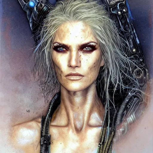 Image similar to an award finning closeup facial portrait by luis royo and john howe of a very beautiful and attractive female bohemian cyberpunk traveller aged 8 0 with green eyes and freckles in clothed in excessively fashionable cyberpunk gear and wearing ornate warpaint