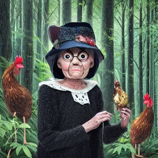 Image similar to a fabulous old woman with a sly face, a long nose and a wart on it. there is a black cat nearby. the background of huge chicken paws on top is a hut. fabulous enchanting dense forest around. very clear image. hyperrealistic.