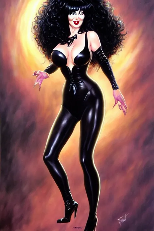 Prompt: a ( beautiful masterpiece highly detailed ) full body portrait illustration of intimate alluring elvira! mistress of the dark by ralph horsely and artgerm and joe jusko, raven black hair, pearlescent white skin. trending on artstation