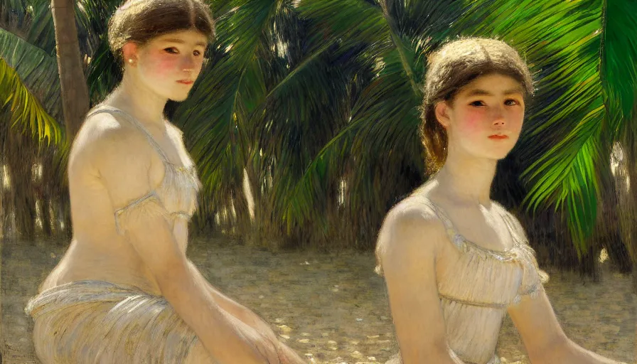 Image similar to a ultradetailed beautiful painting of a girl in the amazonas palace designed by jules bastien - lepage, hans belmer, frank weston and gustave baumann, beach, trending on artstation, mediterranean, palm trees, light sparkles, sharp focus, soft light, 8 k 4 k