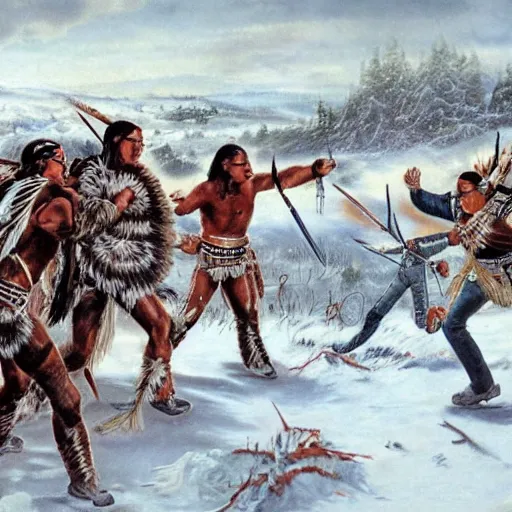 Prompt: majestic native americans fighting cyborg white men in a snowy field, landscape, hyper realistic,