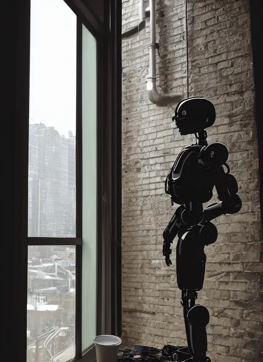 Prompt: Industrial style humanoid robot wearing human clothes, drinking a cup of coffee, standing in front of his apartment window looking outside, global illumination, radiant light, detailed and intricate environment