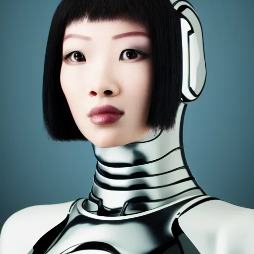 Image similar to 8 k award winner photo of a cyber android beauty from the future, asian background