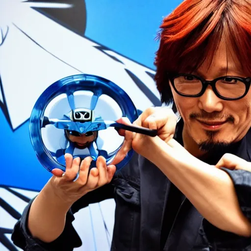 Image similar to Hideo Kojima holding a beyblade in his hand